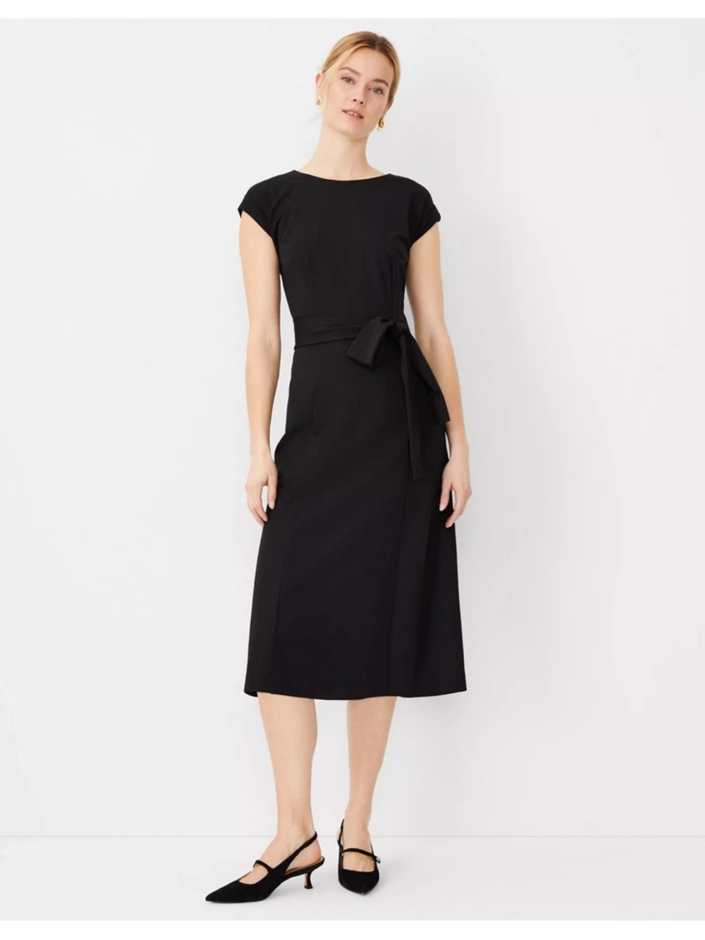 Ann Taylor Black Cap-Sleeve Tie-Waist Midi Dress